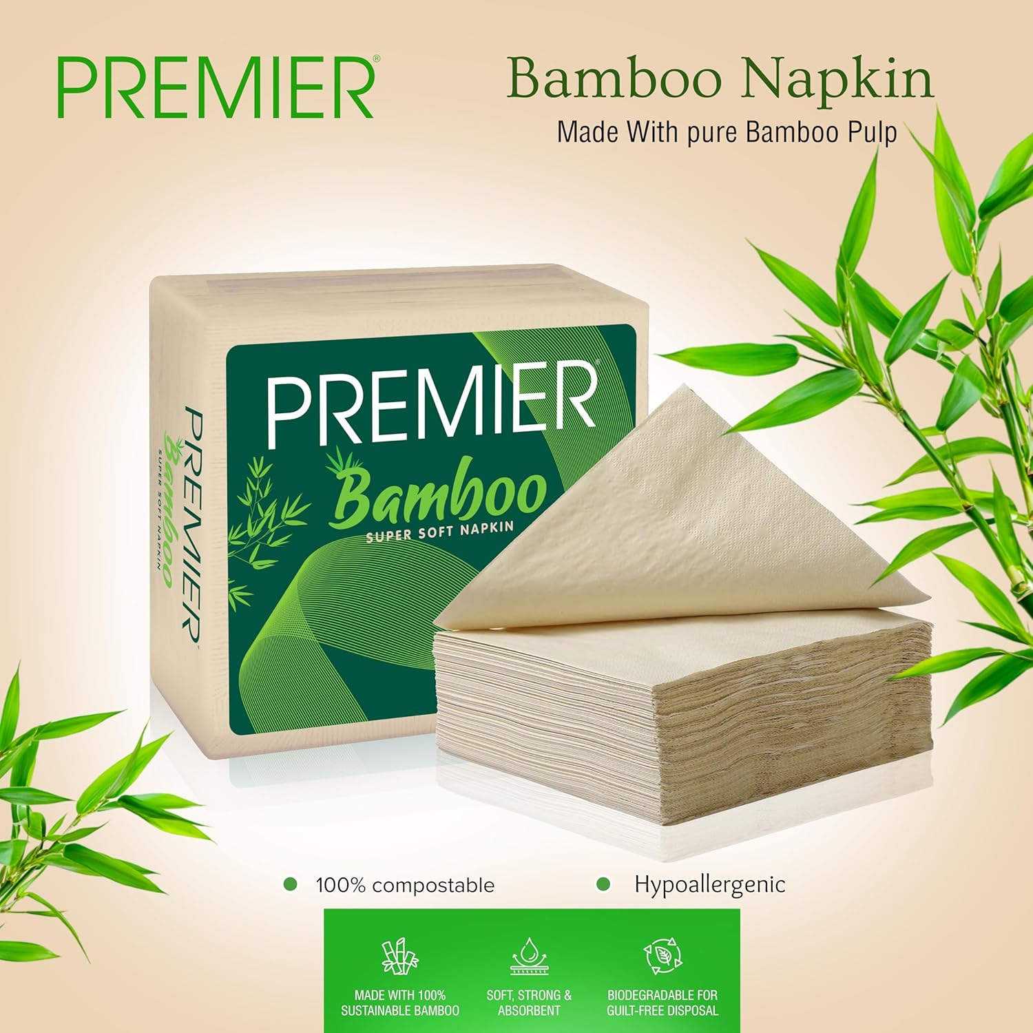 Premier Bamboo Tissue Napkins 50 Pulls-Pack of 4